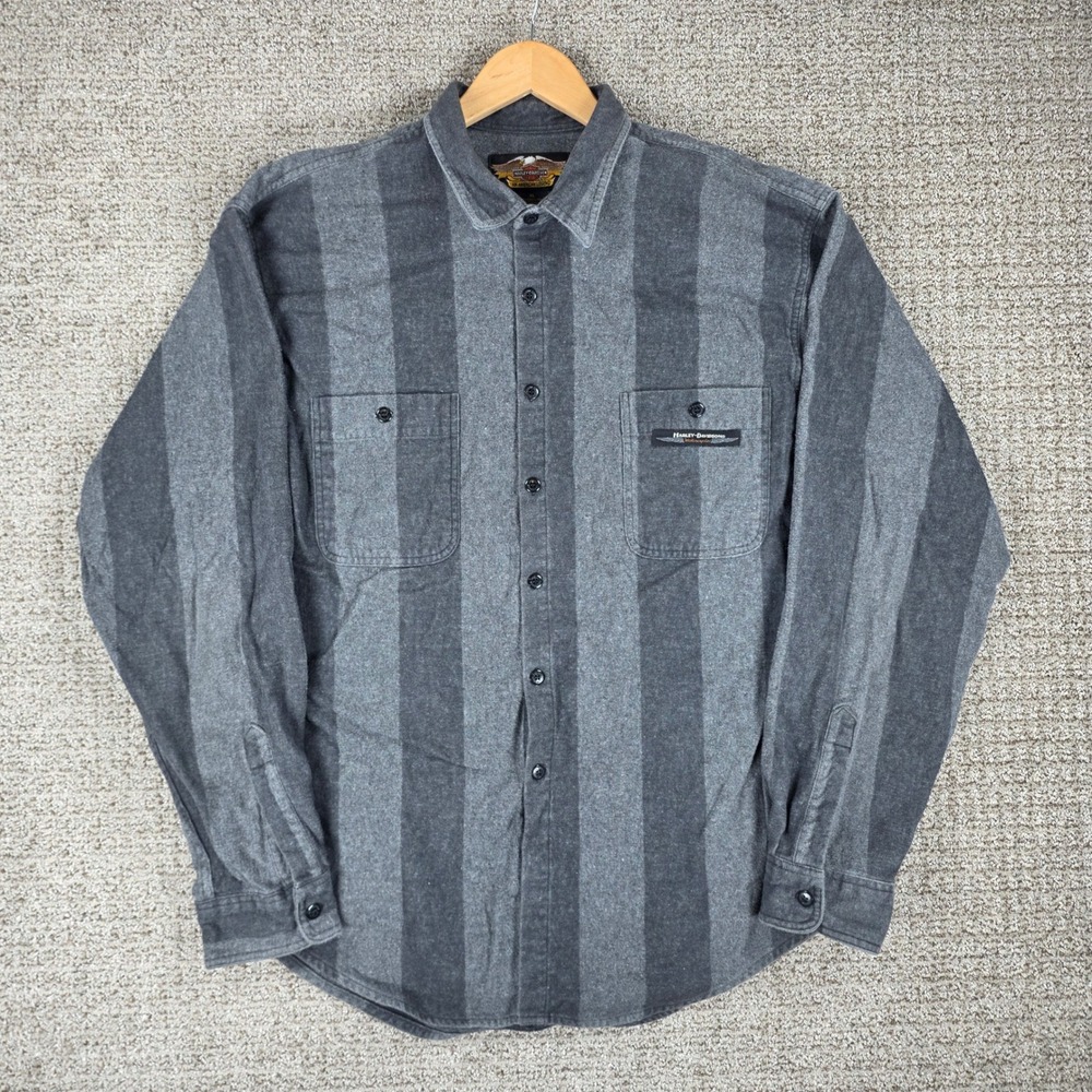 Vintage Harley-Davidson Mens XL Gray Striped Long Sleeve Flannel Button Up Shirt